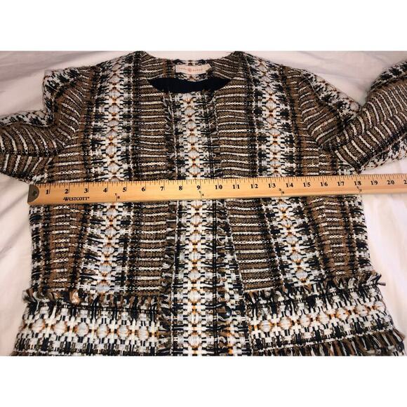 Tory Burch Jessica Tweed Jacket Size 6 Blazer Hidden Snaps Fringe Brown Black - Picture 6 of 9
